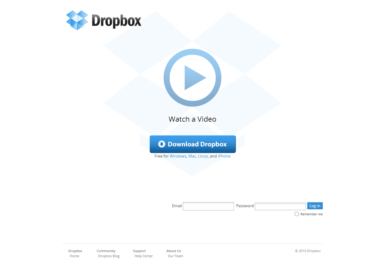 Dropbox's homepage as archived in January 2010: the Dropbox logo, a large video play button labelled 'Watch a Video', a blue 'Download Dropbox' button noting it is free for Windows, Mac, Linux and iPhone, a small login form, and nothing else.