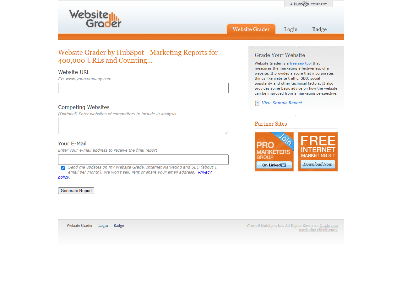 The HubSpot Website Grader tool as archived in November 2008: a form with a field to enter a website URL, an optional field for competing websites, and an email field to receive the full report, under the headline 'Website Grader by HubSpot - Marketing Reports for 400,000 URLs and Counting'.