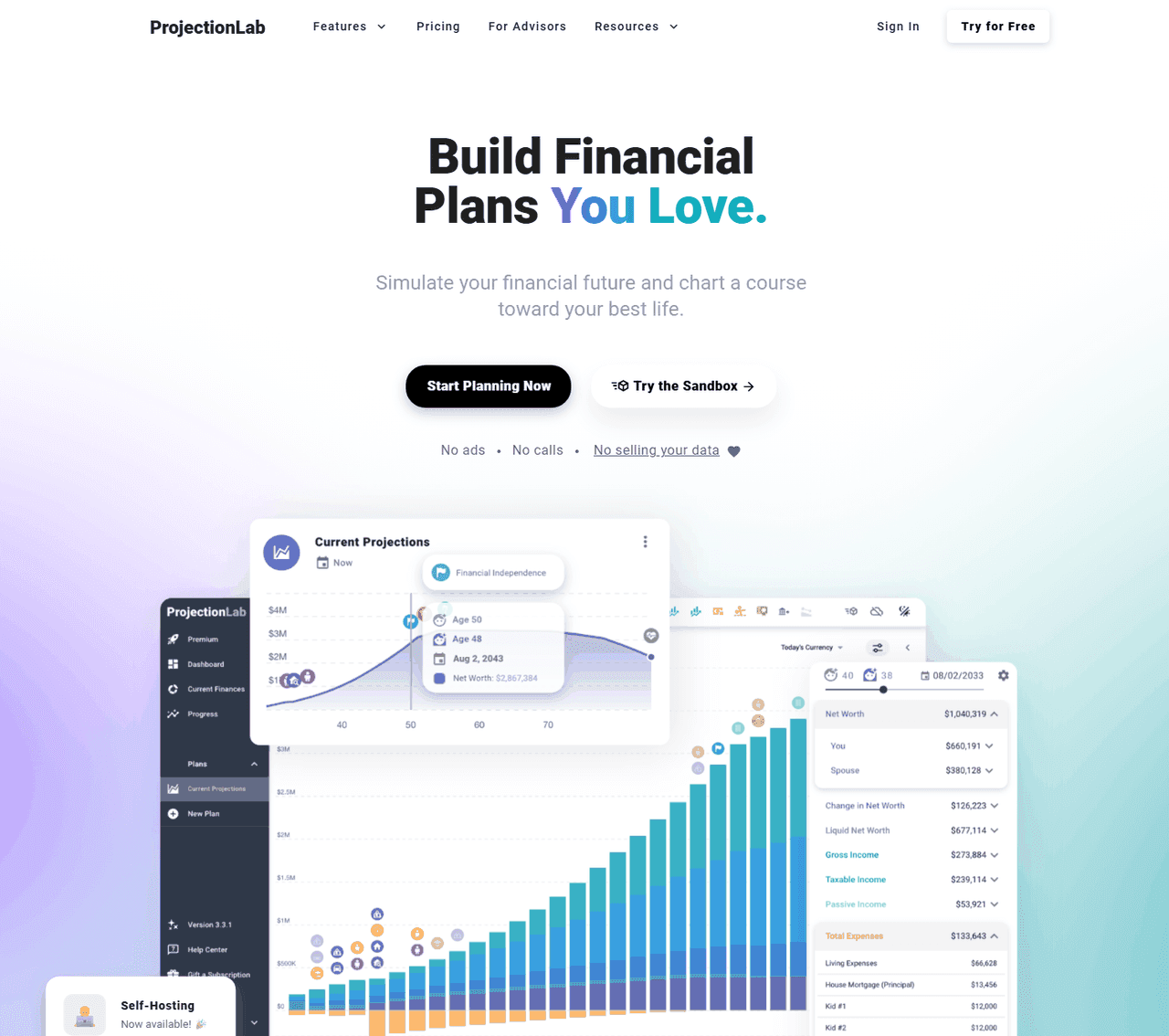 ProjectionLab's home page as archived on 21 July 2023: the headline 'Build Financial Plans You Love', two buttons reading 'Start Planning Now' and 'Try the Sandbox', a line of text reading 'No ads, No calls, No selling your data', and a composite of the product's own interface showing a net worth projection chart. A badge in the corner announces that self-hosting is now available.