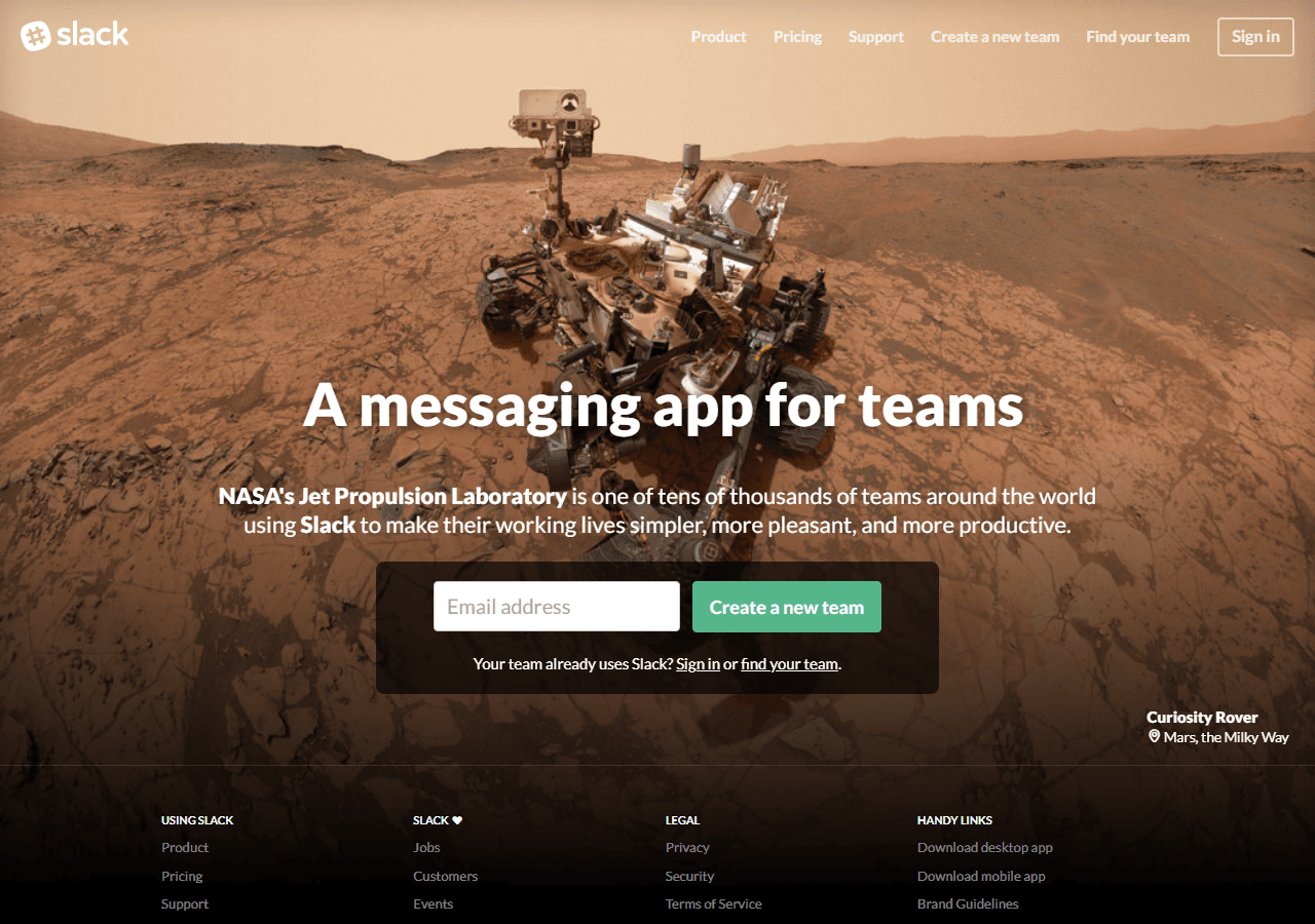 Slack's homepage as archived in April 2016: a full-bleed photo of NASA's Curiosity rover on the surface of Mars, the headline 'A messaging app for teams', and copy naming NASA's Jet Propulsion Laboratory as one of tens of thousands of teams using Slack, with an email field to create a new team.